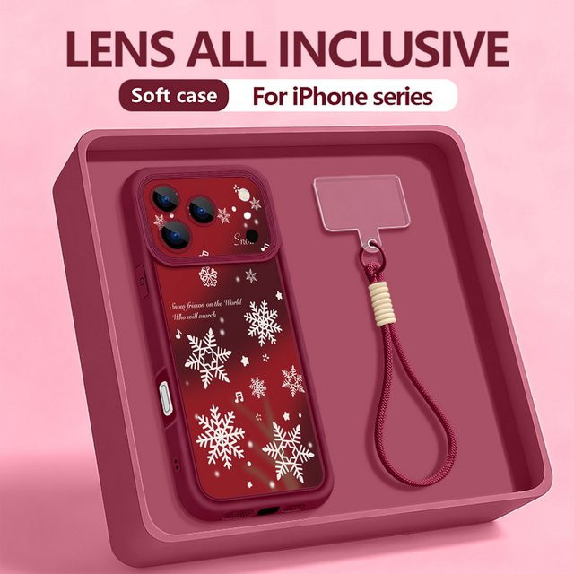 Apple iPhone Schutzhülle mit Weihnachts-Schneeflocken-Druck und weicher Handgelenkschlaufe in Rot - Bild 1