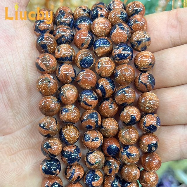 Liucby Armband, Naturstein, Sandperlen, Blau, Gold, 15" - Bild 1