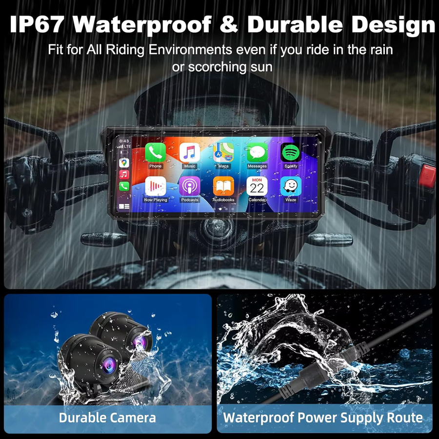 JMCQ Motorrad CarPlay GPS Navigation mit 8,1 Zoll Display, 4K DVR und 1080P Dual Objektiv, IPX7 wasserdicht, Android Auto und Bluetooth, Schwarz - Bild 5