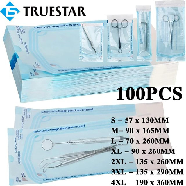 TRUE STAR 100 Stück Selbstdichtende Sterilisationsbeutel in 7 Größen, Einweg Desinfektionsbeutel für Tattoo, Nageldesign und Dentalwerkzeuge, transparent - Bild 1