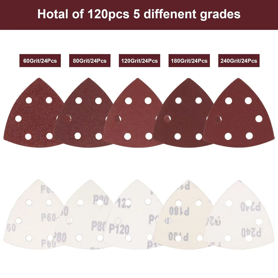 Vibratite Klett-Schleifpapier Set für oszillierende Multitools, 120 Stück dreieckiges Schleifpapier mit Körnung 60 bis 240, Breite: 90 mm - Bild 2