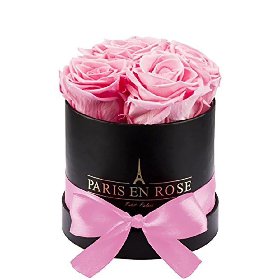 PARIS EN ROSE Rosenbox Schwarz mit 4 rosa Rosen und Schleife, Durchmesser: 10 cm - Bild 2