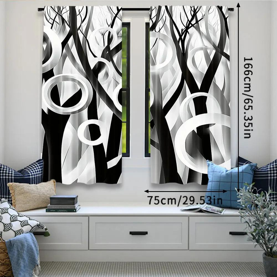 Tonnika Chen Vorhang Set mit geometrischem Kreisdruck in Schwarz-Weiß aus Polyester, 2 Stück, Breite: 100 cm, Höhe: 70 cm - Bild 3