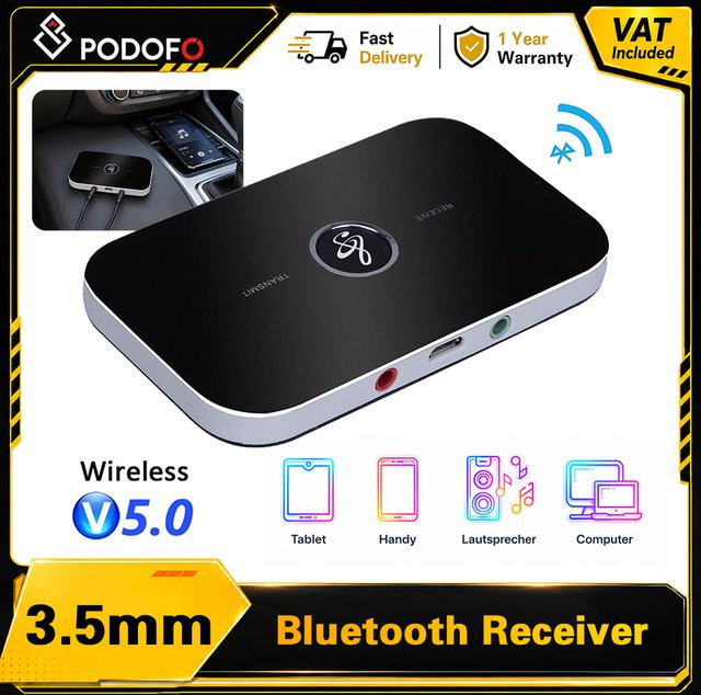 Podofo 2-in-1 Bluetooth Audio-Sender und Empfänger mit geringer Latenz und HiFi-Stereo in Schwarz mit 3,5-mm-Aux- und USB-Anschluss - Bild 1