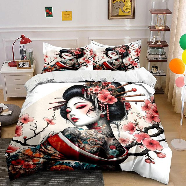 Bettwäsche-Set Geisha mit Tattoo und Kirschblüten in Weiß, bestehend aus 1 Bettbezug und 2 Kissenbezügen, B/H: 135 x 200 cm - Bild 1