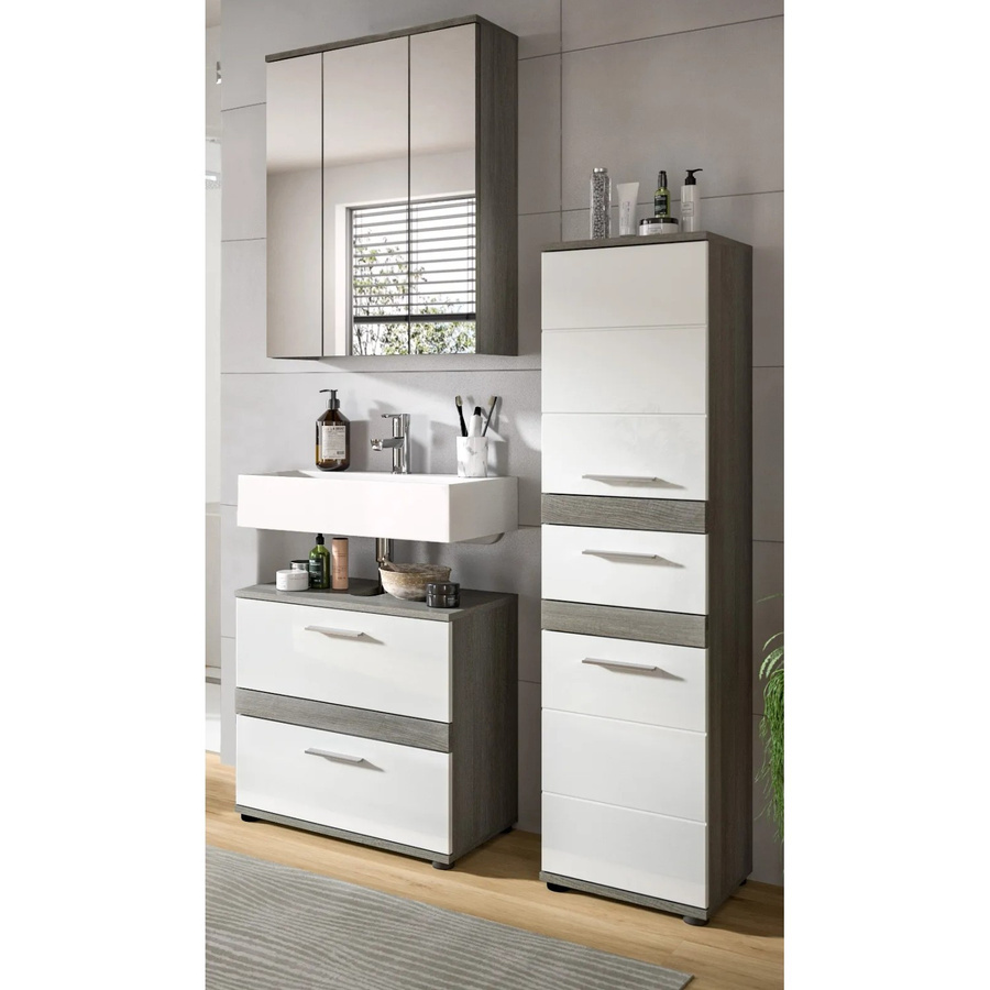 Inn.Furn Badmöbel Set Bailey 3-teilig in Weiß Hochglanz und Grau mit Waschtischunterschrank, Spiegelschrank und Seitenschrank, Breite: 110 cm - Bild 4