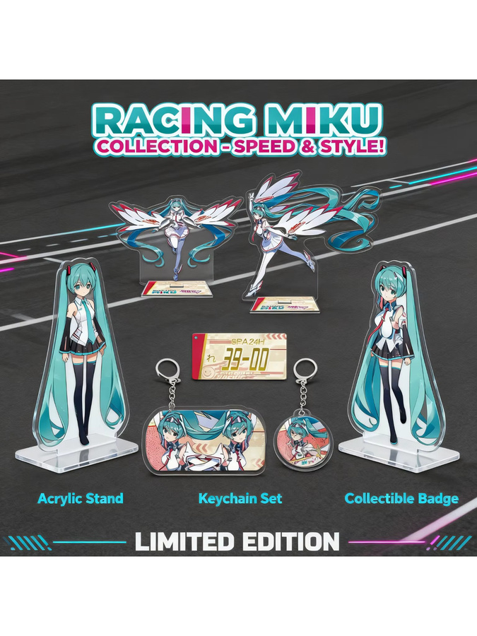 Bandai Racing Miku Acryl-Ständer Schlüsselanhänger Anstecknadel Set - Bild 3