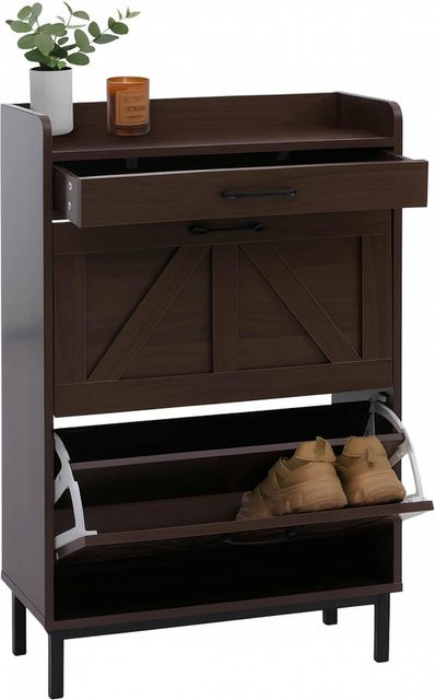 MCW Schuhkipper P45 Schuhschrank in Walnuss-Optik mit 2 Kippfächern und Schublade aus MDF, B/H/T: 95 x 60 x 24 cm - Bild 3