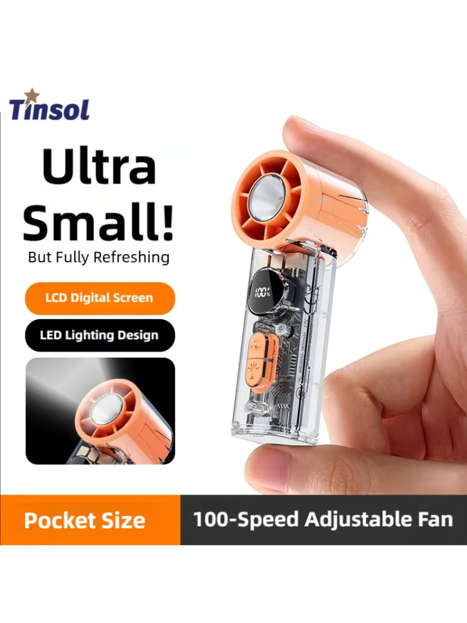 TINSOL Mini-Handventilator Transparent Orange mit LED-Beleuchtung, 100 Geschwindigkeitsstufen und USB-wiederaufladbarem Akku - Bild 4