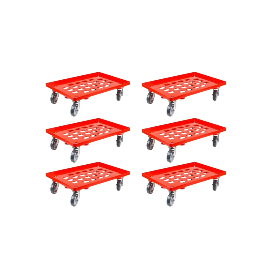 PROREGAL SparSet 6x Transportroller für Euroboxen 60 x 40 cm, Farbe Rot, mit Gummirädern, Gitter/Rasterdeck, 2 Lenkrollen und 2 Bremsrollen, Traglast 300 kg - Bild 2