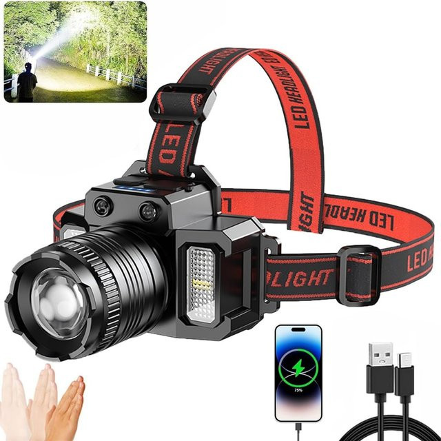 USB wiederaufladbarer Stirnlicht-Scheinwerfer mit Bewegungssensor und Zoom in Schwarz - Bild 1
