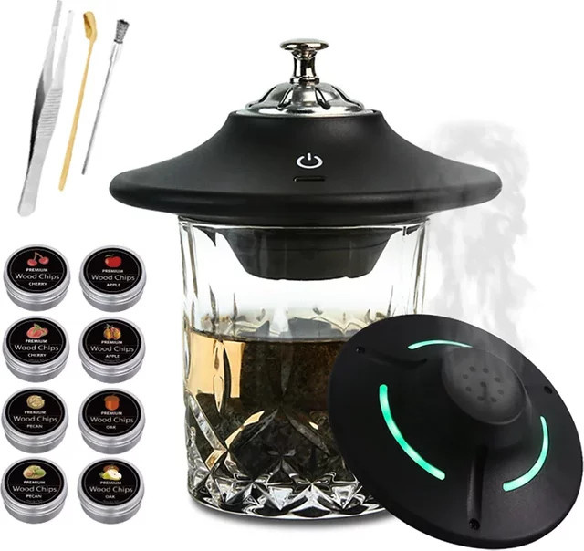 FLYMUYU Elektrisches Whiskey-Räucher-Set in Schwarz mit 8 Holzspänen, Eissteinen und Zubehör für Bourbon Whiskey - Bild 1