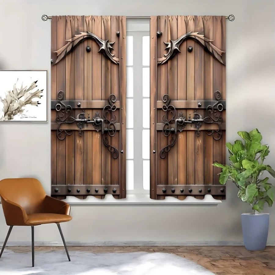 2er-Set Yiran Furniture Vorhänge mit Holzmuster in Braun, halbtransparent mit Ösen, B: 100 cm, H: 130 cm - Bild 4
