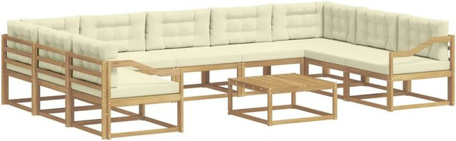 vidaXL Outdoor-Sofagarnitur aus massivem Akazienholz mit 10 Kissen in Weiß und Beige - Bild 1
