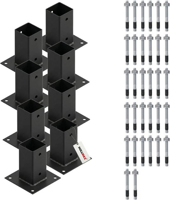 HOLLMAX 8er Set Aufschraubhülsen Pfostenträger für Vierkantpfosten mit Schwerlastankern, Schwarz matt, 71 mm - Bild 1