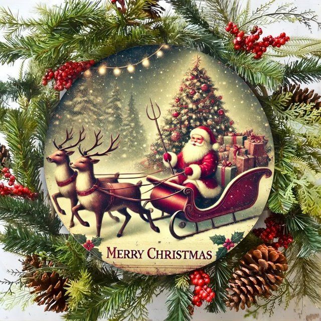 Potdemiel Wandkunst aus Metall mit Weihnachtsmann, Schlitten und Rentier, rundes Eisenschild Merry Christmas, Durchmesser: 20,3 cm - Bild 1