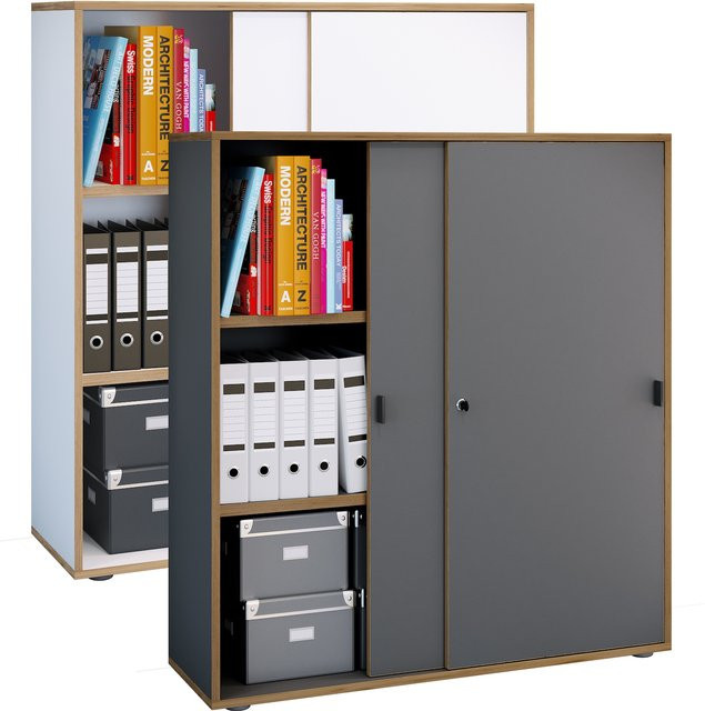 VCM Büroschrank Salia mit 3 Fächern und Schiebetüren, moderner Aktenschrank mit höhenverstellbaren Fachböden und Schloss, H x B x T: 110 x 100 x 37 cm - Bild 1