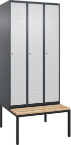 C+P Spind Classic PLUS Garderobenschrank mit Sitzbank, 3 Abteile, B/T/H: 212,0 x 90,0 x 81,5 cm, Zylinderschloss und 3 Garderobenhaken, Buche-Hartholz und Stahl, Anthrazit/Grau/Schwarz - Bild 1