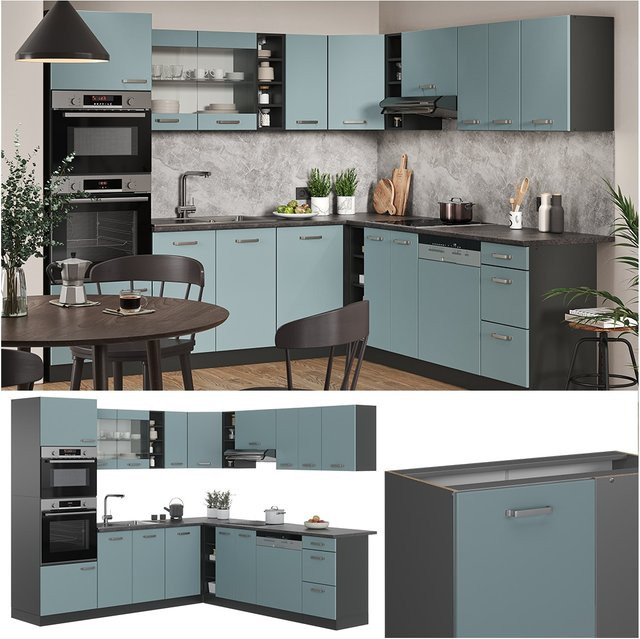 Vicco R-Line Eckküche modern in Anthrazit, Blau und Grau aus Spanplatte, B/T/H: 247 x 60 x 237 cm - Bild 1