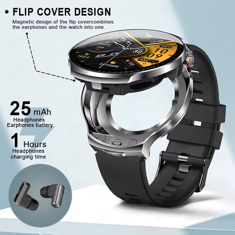 LIGE 2-in-1 Smartwatch mit integrierten TWS-Bluetooth-Kopfhörern, 1,85 Zoll Display, Herzfrequenzmessung und Telefonfunktion, Schwarz - Bild 4