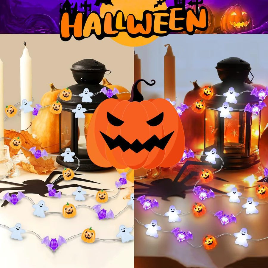 Peach Forest Halloween LED Kupferdraht Lichterkette mit Mini Geistern, Kürbissen und Fledermäusen, wasserdicht, batteriebetrieben, Mehrfarbig - Bild 2