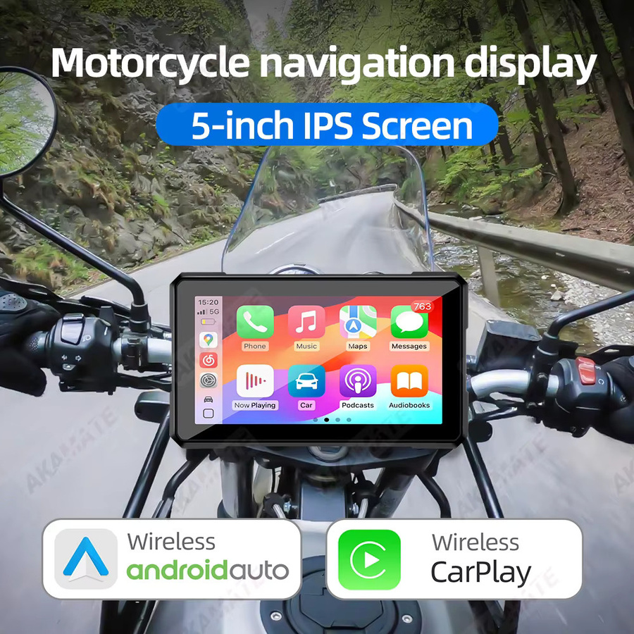 AKAMATE Kabelloses 5-Zoll CarPlay und Android Auto Motorrad-Navigationsdisplay mit GPS in Schwarz - Bild 3