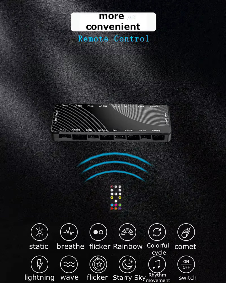 CX FUTRUE Gehäuselüfter-Hub mit Dual 8 Ports, ARGB 3-PIN und PWM 4-PIN Anschlüssen sowie Fernbedienung, Schwarz - Bild 2