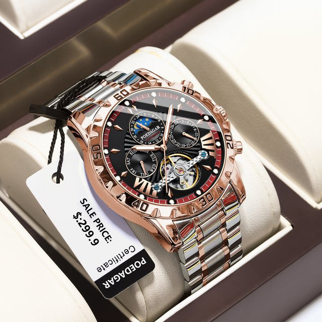 POEDAGAR Armbanduhr Automatik, Edelstahl, Tourbillon, Herren, Schwarz - Bild 1