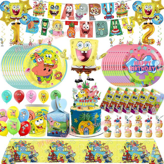 Potdemiel SpongeBob Geburtstagsparty Dekoration Set mit Hintergrund, Ballons, Bechern und Tortendekoration in Mehrfarbig für Kinderpartys - Bild 1