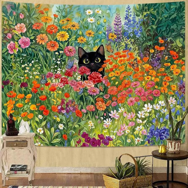 VIKAMA Wandteppich mit schwarzer Katze im bunten Blumengarten, Wandbehang mit Blumen- und Katzenmotiv, B/H: 40 x 60 cm - Bild 1