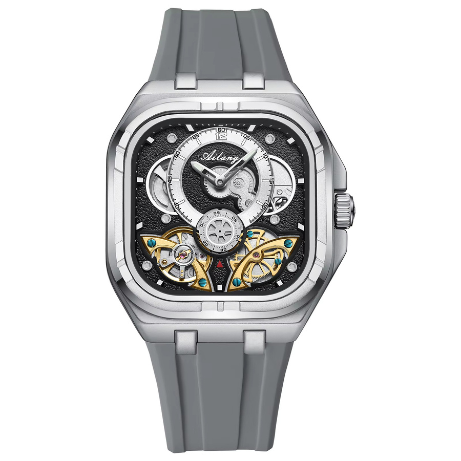 AILANG Automatikuhr, Doppel-Tourbillon, Skelett-Zifferblatt, eckig, Grau, Silikon, Herren - Bild 2
