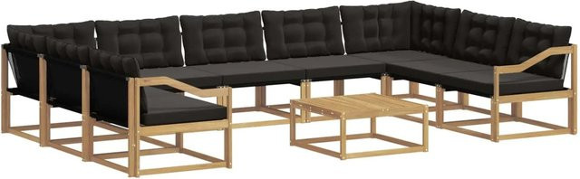 vidaXL Outdoor-Sofagarnitur 10-teilig aus Akazienholz mit Textilene und Kissen in Weiß-Schwarz - Bild 1