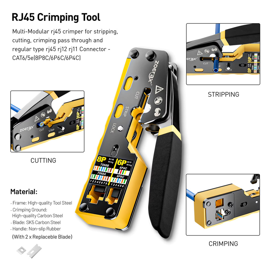 ZoeRax RJ45 Netzwerk Tool Kit mit Crimp Tool, Kabeltester, Punch Down Tool und Abisolierer für CAT6 und CAT5E Pass Through Kabel - Bild 2