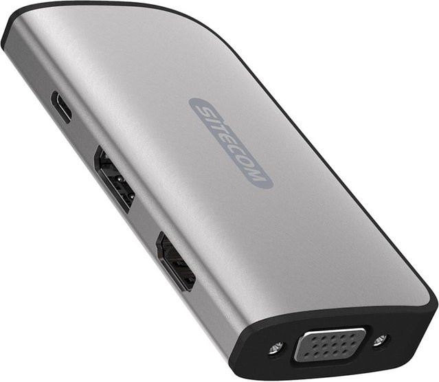 Sitecom USB-C Adapter CN-413 in Silber mit 3-fach-Display: HDMI, DisplayPort, VGA und 100W PD für 4K UHD - Bild 1