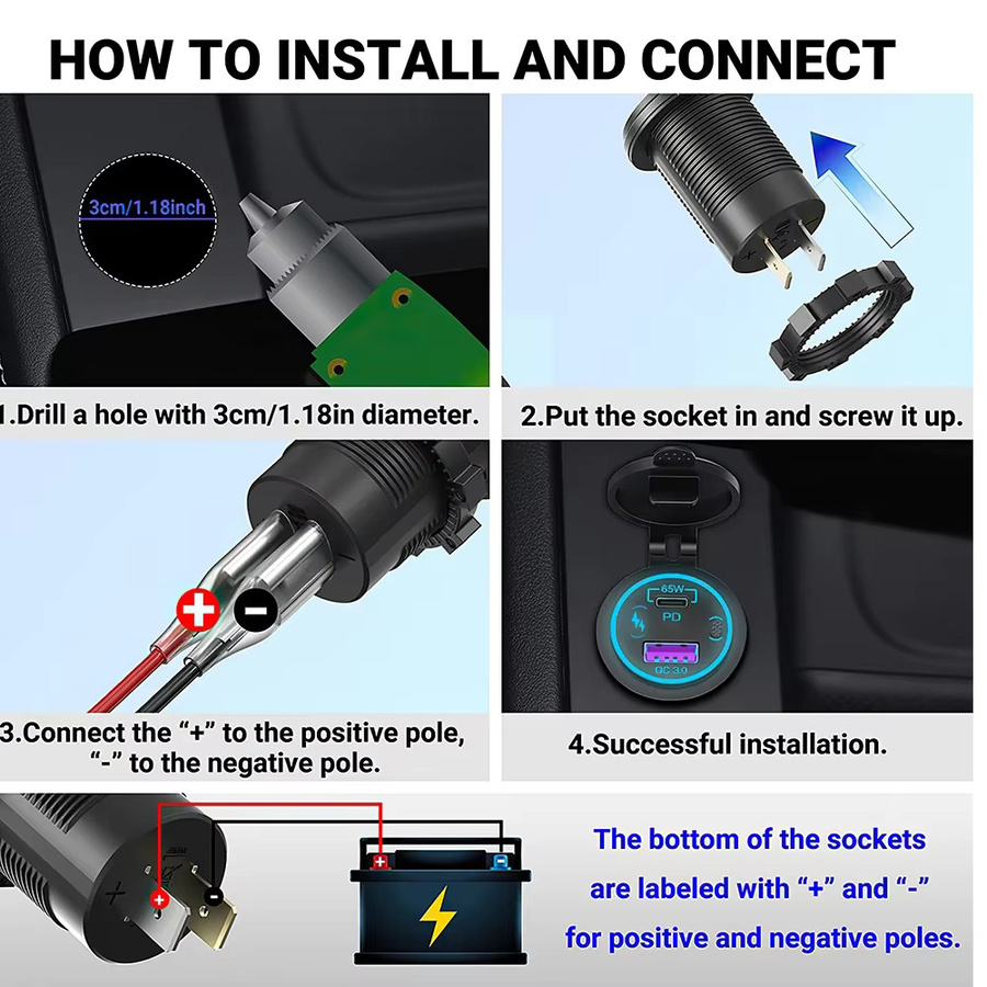 Velev 85W USB-Autoladegerät mit PD Typ C und QC 3.0, wasserdichtes Schnellladegerät in Schwarz für 12V 24V Auto, LKW und Boot - Bild 5