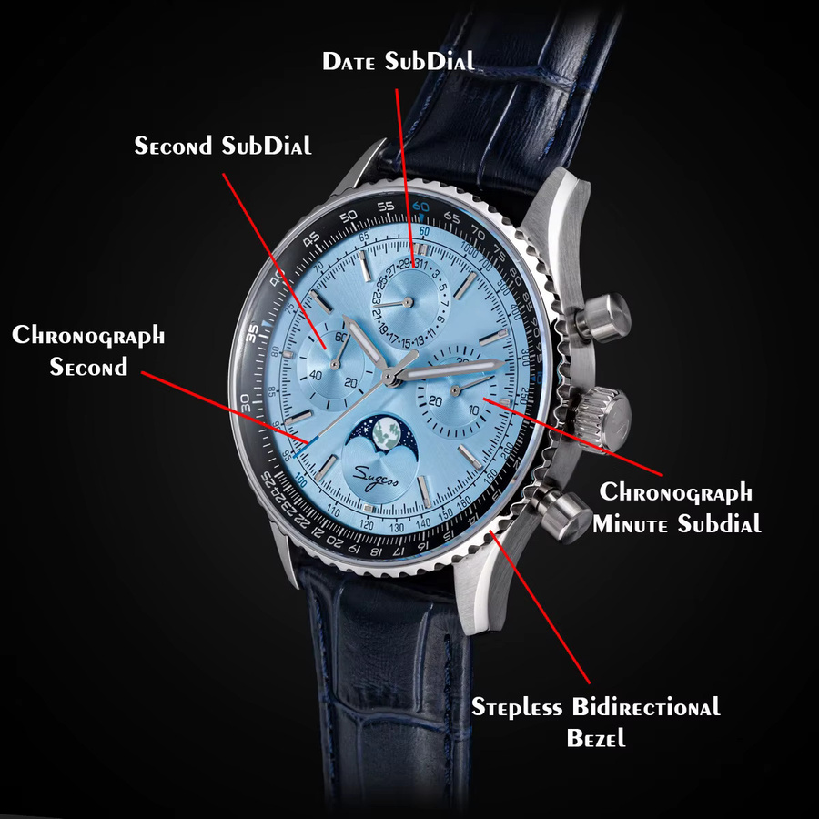Sugess Chronograph, Automatik, Edelstahl, Blau, Leder, Herren - Bild 3