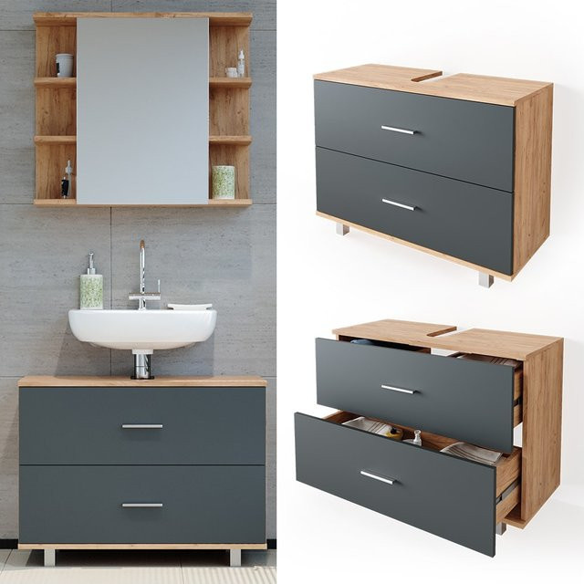 Vicco Waschbeckenunterschrank Ilias in Eiche und Anthrazit mit Goldakzenten, Breite: 80 cm, Tiefe: 60,8 cm, Höhe: 33 cm - Bild 1