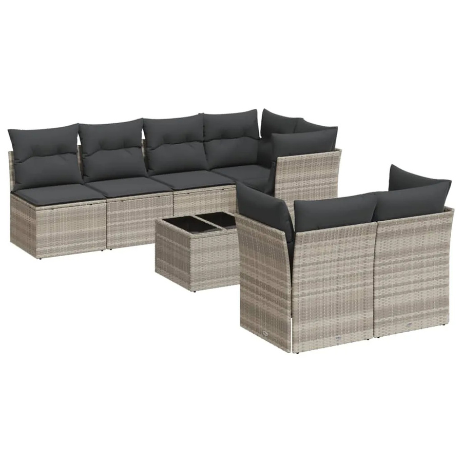 vidaXL 8-tlg. Garten-Sofagarnitur in L-Form mit Kissen und Couchtisch, Hellgrau, Poly Rattan und Metallrahmen - Bild 2
