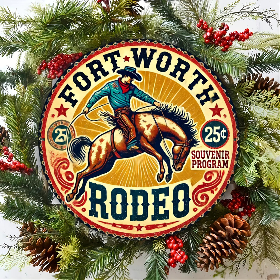 Potdemiel Vintage Fort Worth Rodeo Rundes Metallschild mit Cowboy- und Pferdedesign, Durchmesser: 20,3 cm, Mehrfarbig - Bild 4