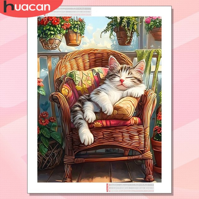 HUACAN Diamantmalerei-Set Katze als Mosaik-Bastelset für Erwachsene in Multicolour mit runden Perlen zur Wanddekoration - Bild 1