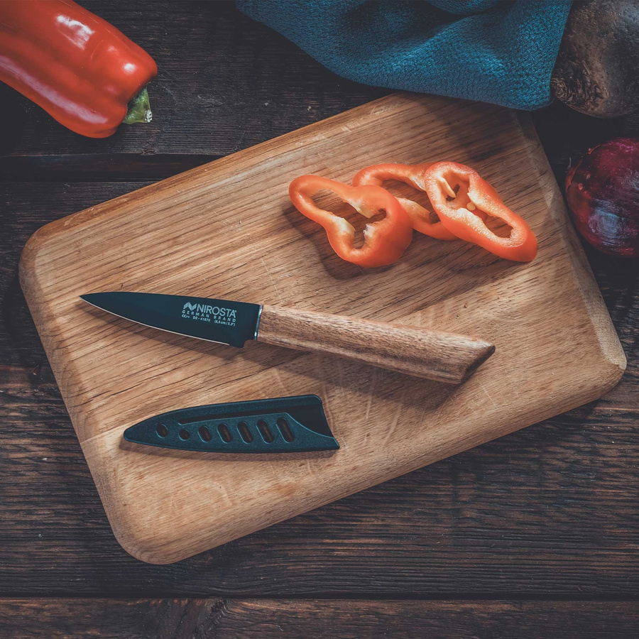 Nirosta Gemüsemesser Flow Paring Knife aus Edelstahl in Schwarz und Silber mit Schutzhülle und 8,5 cm Klinge - Bild 2
