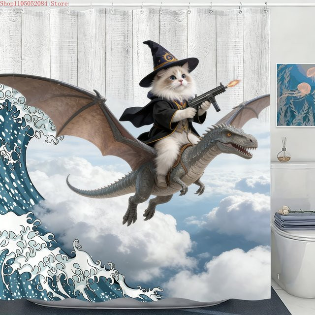 Wasserdichter Duschvorhang von Beast Kingdom mit Zauberer-Katze auf Drachen und Kanagawa-Welle, Mehrfarbig - Bild 1