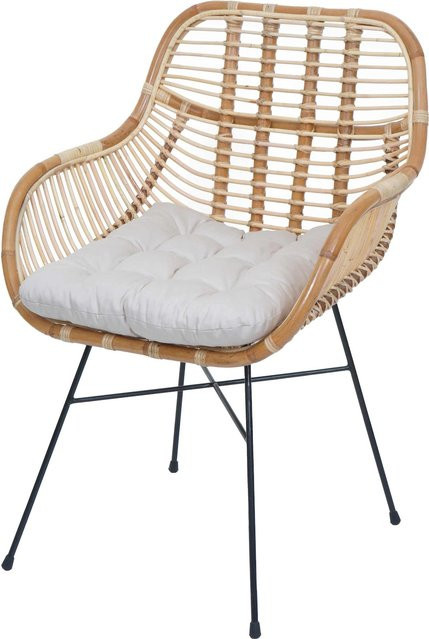 Esszimmerstuhl MCW-P17 aus Rattan und Metall mit Polsterung in Beige - Bild 1