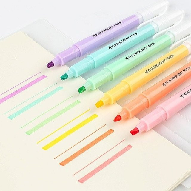 6er Set Doppelkopf-Fluoreszenz-Textmarker in Pastellfarben mit Keilspitze für Schule und Büro - Bild 1