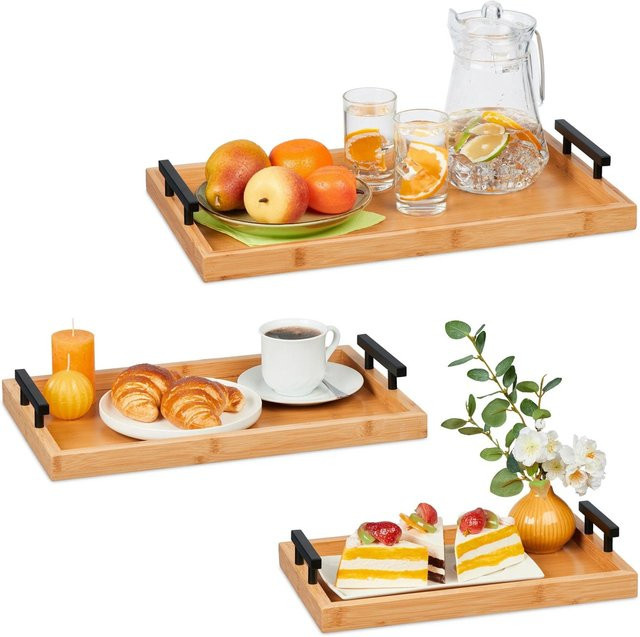 Relaxdays Tablett 3er Set aus Bambus in Natur mit Metallgriffen, stapelbar, B: 50 cm, T: 30 cm, H: 7 cm - Bild 1