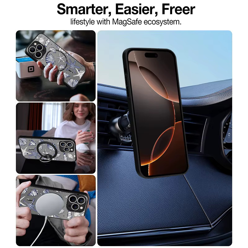 YISHANGOU Magnetische Handyhülle mit Cartoon-Haifisch-Design für iPhone 16 15 14 13 Pro Max, Stoßfest, MagSafe kompatibel, TPU PC, Schwarz/Mehrfarbig - Bild 1