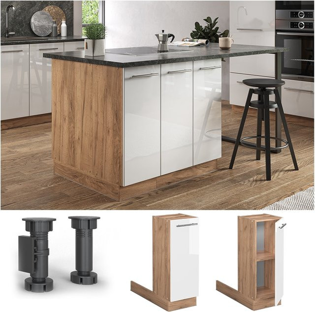 Vicco Küchenunterschrank Fame-Line für Kücheninseln in Eiche und Weiß mit Hochglanz-Finish und Softclose-Scharnieren, Breite: 30 cm - Bild 1