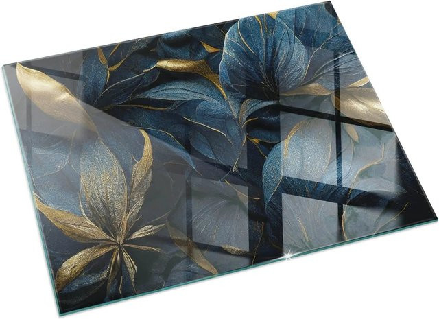 Tulup Glasplatte für Kamin und Öfen mit floraler Blätter-Textur in Marine Blau, B/H: 60 x 40 cm - Bild 1