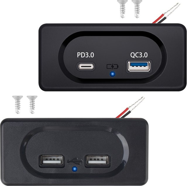 Dual USB Ladegerät Steckdose mit PD3.0 Typ-C Port und LED-Licht, 12/24V Schnellladepanel mit Wandhalterung, Schwarz - Bild 1
