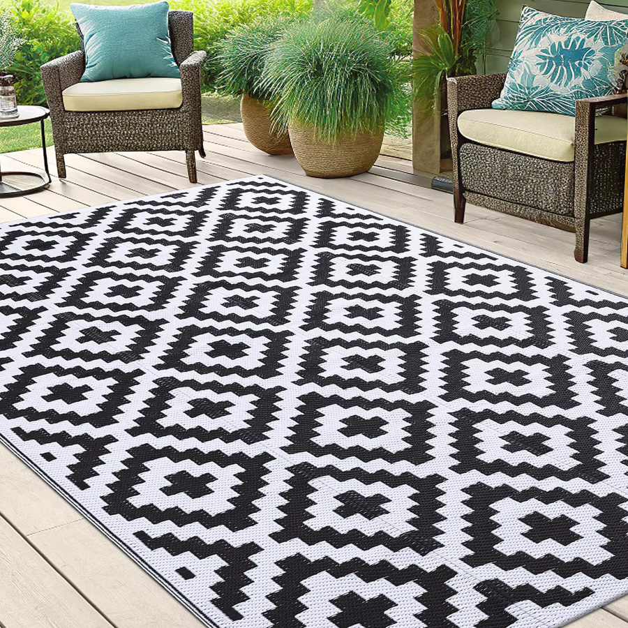 Olanly Outdoor-Teppich in Schwarz, wendbarer geometrischer Teppich aus Polypropylen für Terrasse und Garten - Bild 6